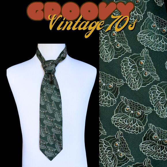 Vintage 70s Green Owl Tie Groovy Hipster Indie Alternative Collegiate Professor - Picture 1 of 7